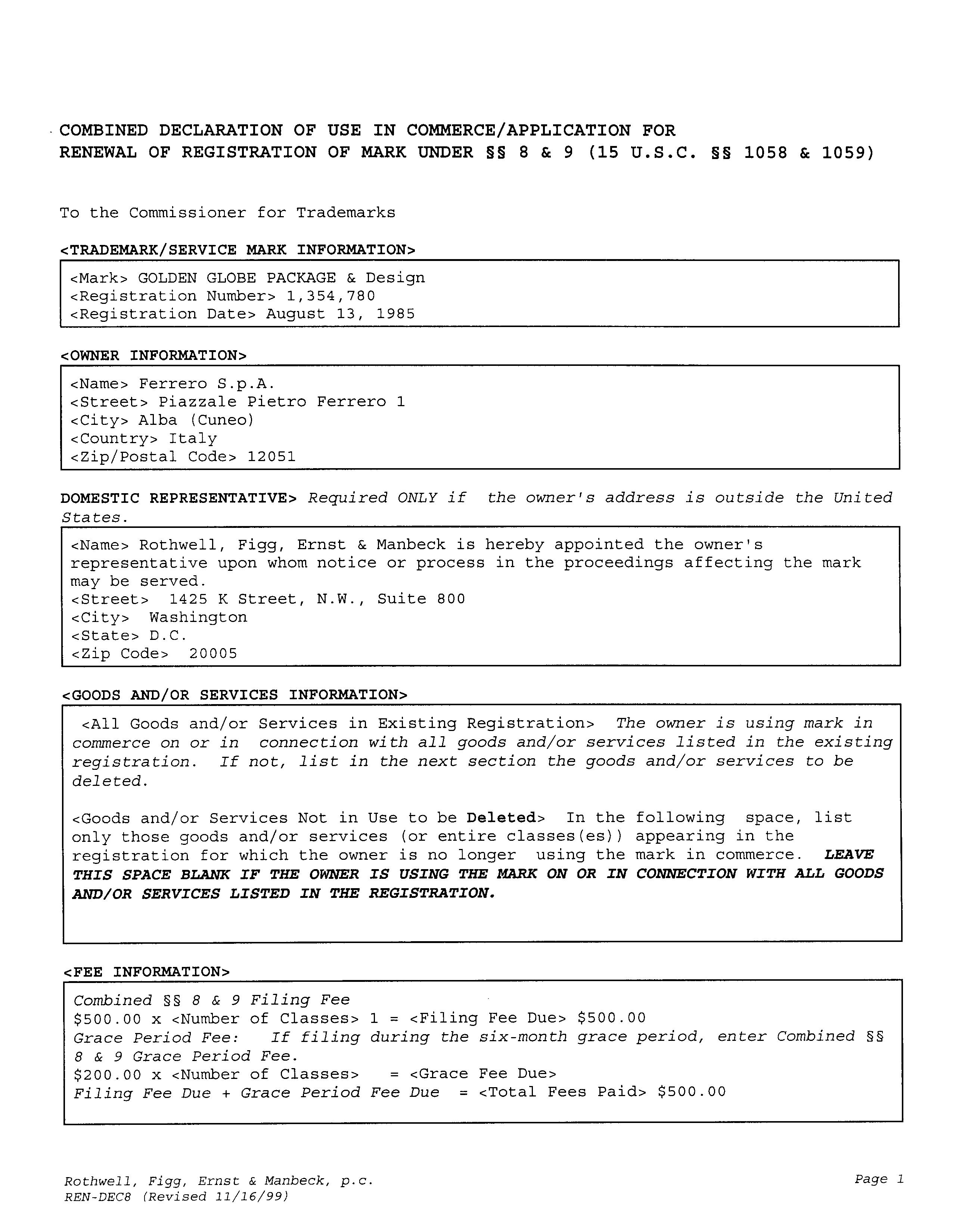 FERRERO ROCHER - Ferrero S.p.a. Trademark Registration