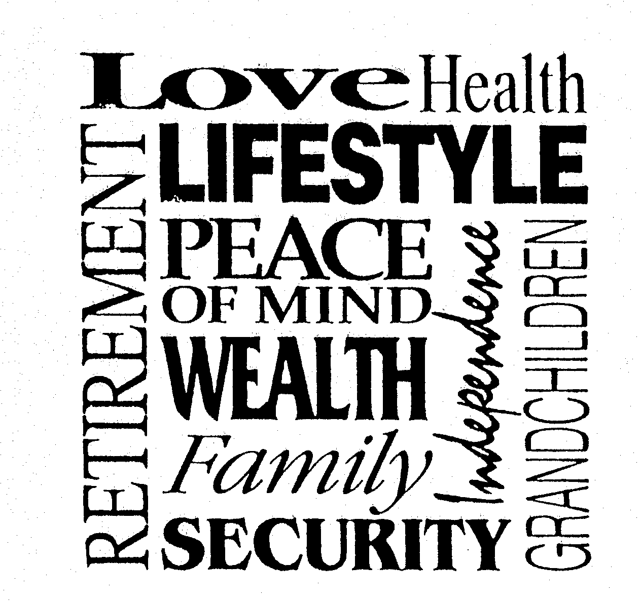Trademark Logo LOVE HEALTH LIFESTYLE RETIREMENT GRANDCHILDREN PEACE OF MIND WEALTH FAMILY SECURITY INDEPENDENCE
