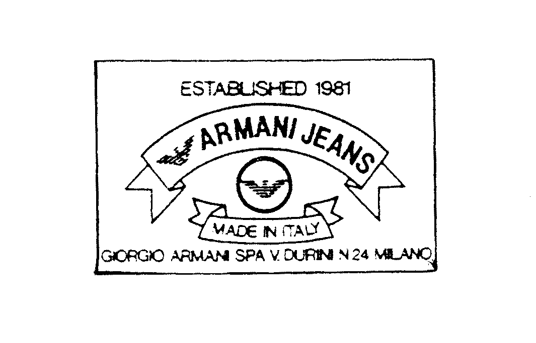 Trademark Logo ESTABLISHED 1981 ARMANI JEANS MADE IN ITALY GIORGIO ARMANI SPA V. DURINI N 24 MILANO