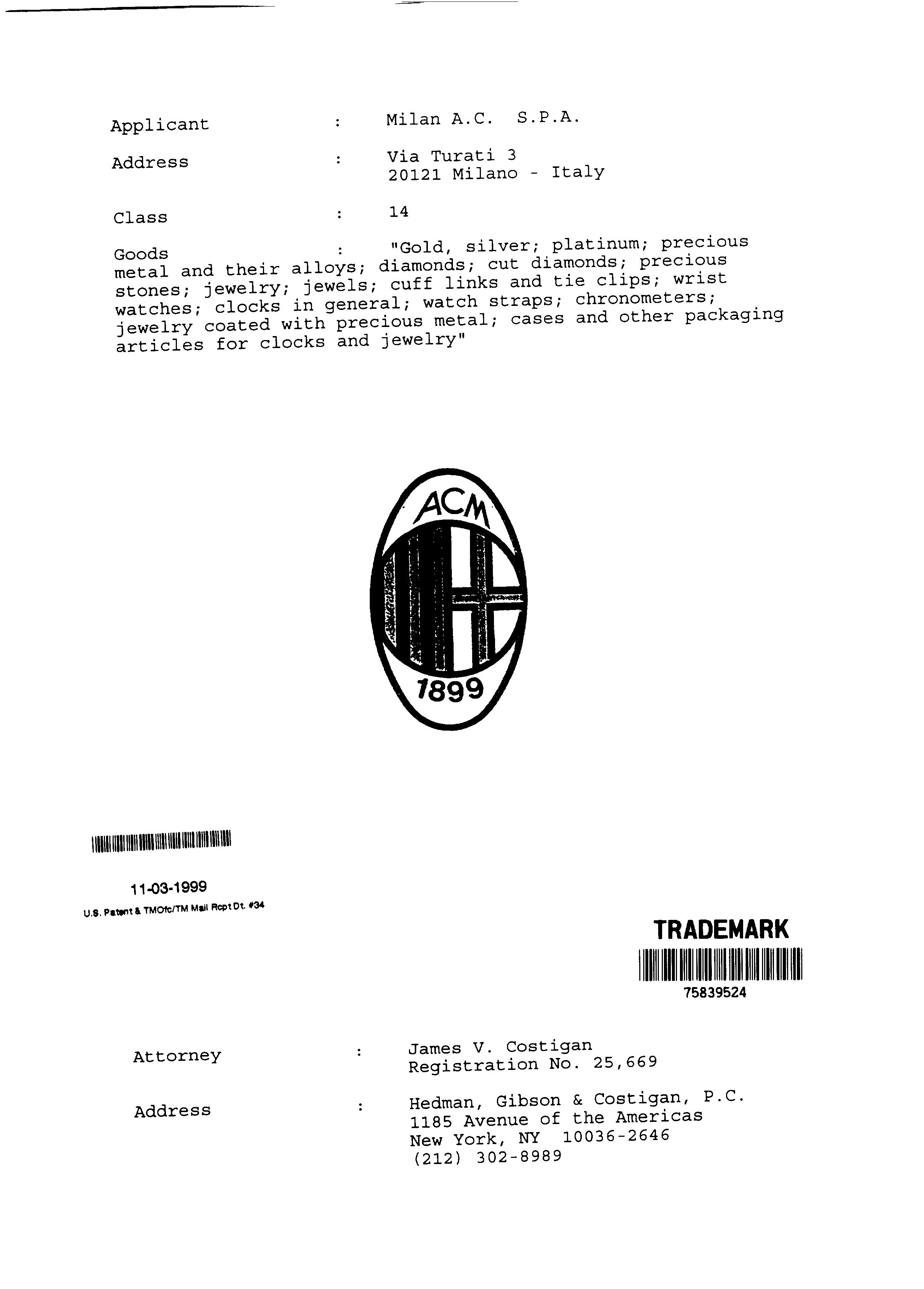 ACM 1899 AC MILAN Trademark of A.C. Milan S.p.A. - Registration Number  5893579 - Serial Number 79200885 :: Justia Trademarks