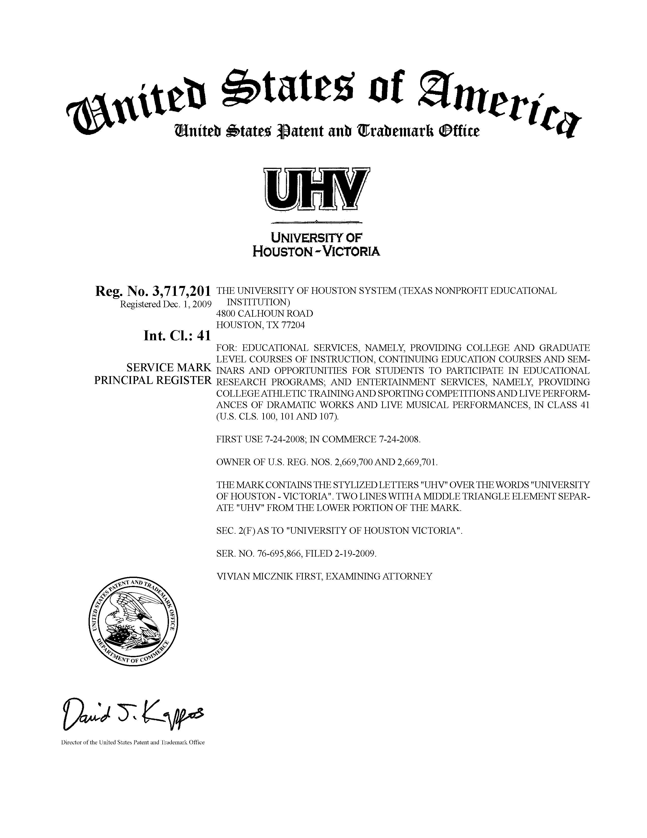 Registration Certificate for Uhv University Of Houston Victoria