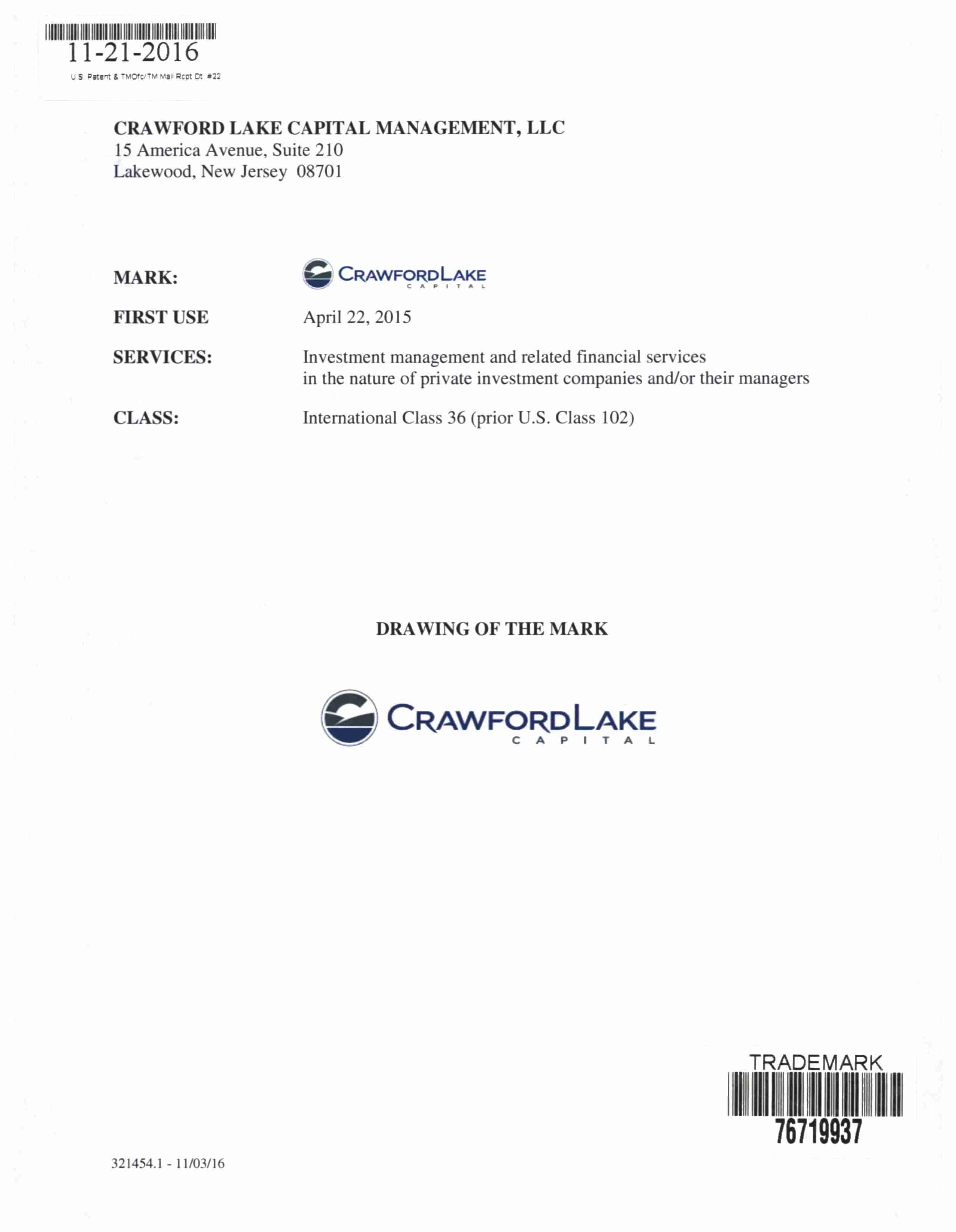 Hvert år Kør væk biologi CRAWFORD LAKE CAPITAL - Crawford Lake Capital Management, LLC Trademark  Registration