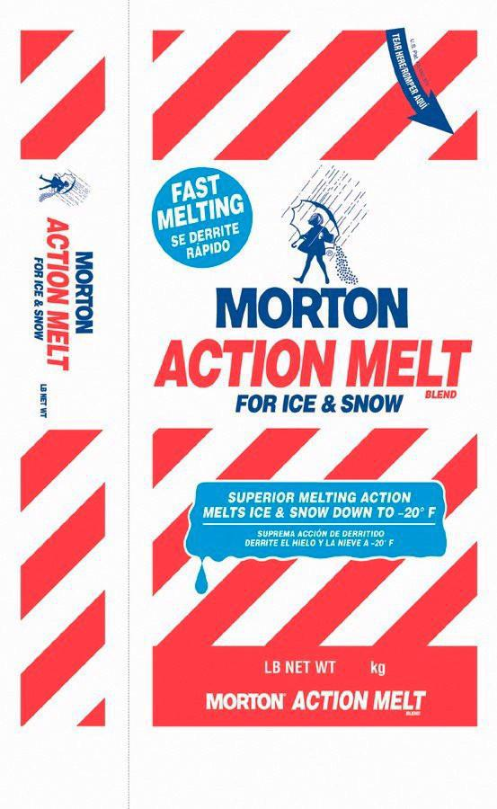  MORTON ACTION MELT BLEND FOR ICE &amp; SNOW TEAR HERE ROMPER AQUI U.S. PAT NO. 5,482,376 FAST MELTING SE DERRITE RAPIDO SUPERIOR