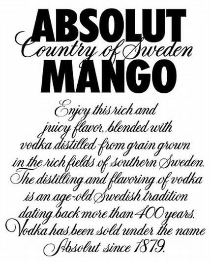  ABSOLUT COUNTRY OF SWEDEN MANGO ENJOY THIS RICH AND JUICY FLAVOR, BLENDED WITH VODKA DISTILLED FROM GRAIN GROWN IN THE RICH FIEL