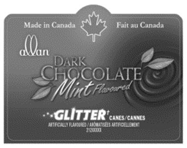  ALLAN DARK CHOCOLATE MINT FLAVOURED GLITTER CANES/CANNES MADE IN CANADA FAIT AU CANADA ARTIFICALLY FLAVOURED