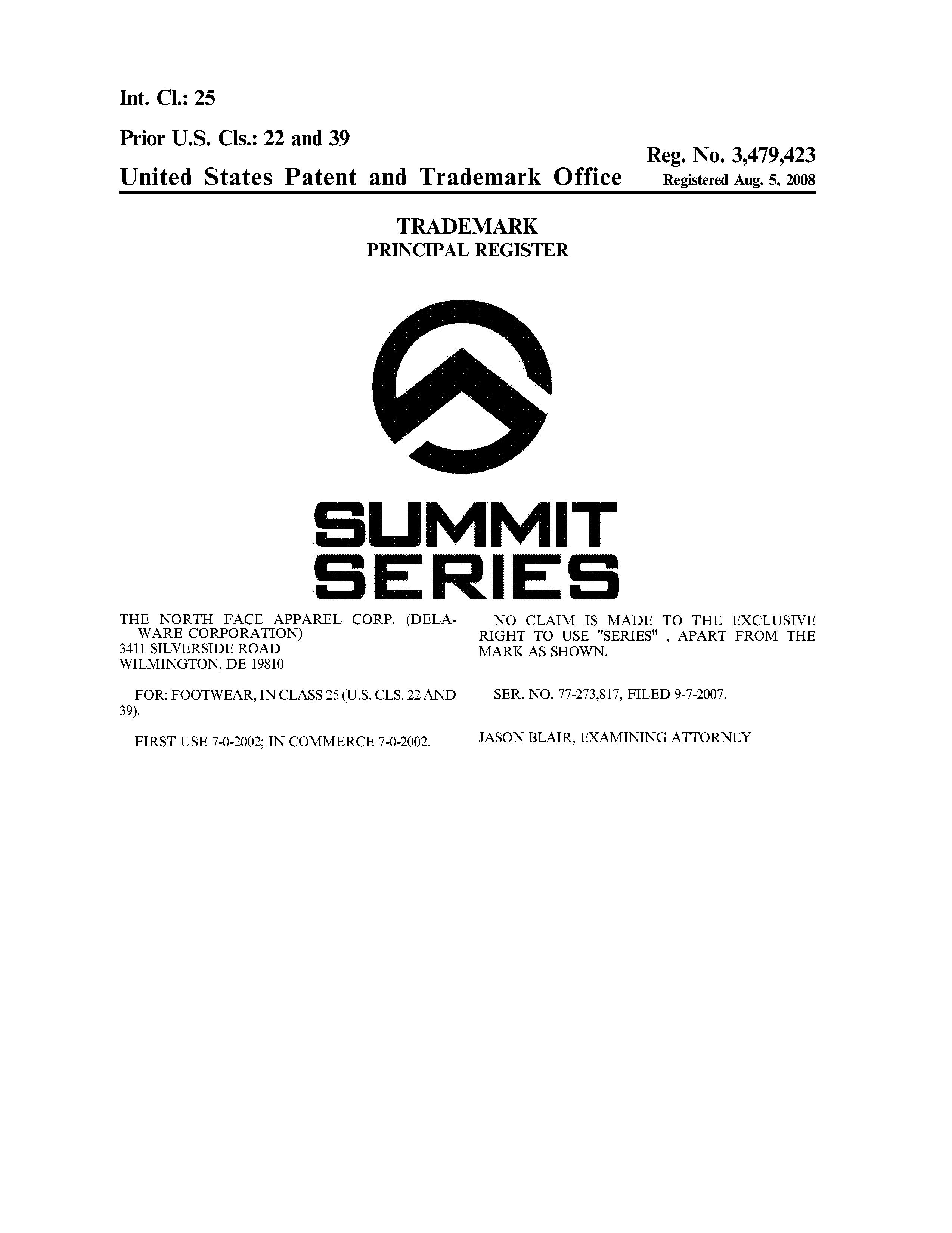 SUMMIT SERIES - The North Face Apparel Corp. Trademark Registration