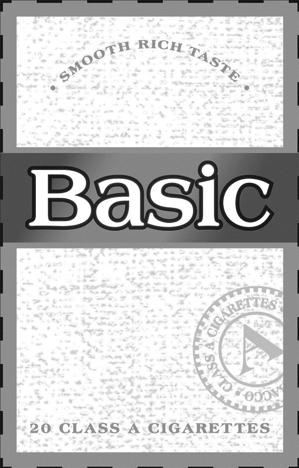Trademark Logo BASIC Â· SMOOTH RICH TASTE Â· 20 CLASS A CIGARETTES A CLASS A CIGARETTES ACCO
