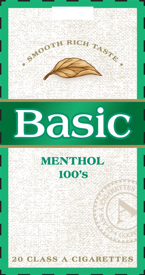 Trademark Logo BASIC MENTHOL 100'S Â· SMOOTH RICH TASTE Â· 20 CLASS A CIGARETTES A CLASS A CIGARETTES ACCO