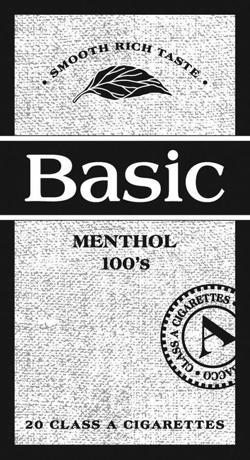  BASIC MENTHOL 100'S Â· SMOOTH RICH TASTE Â· 20 CLASS A CIGARETTES A Â· CLASS A CIGARETTES Â· ACCO