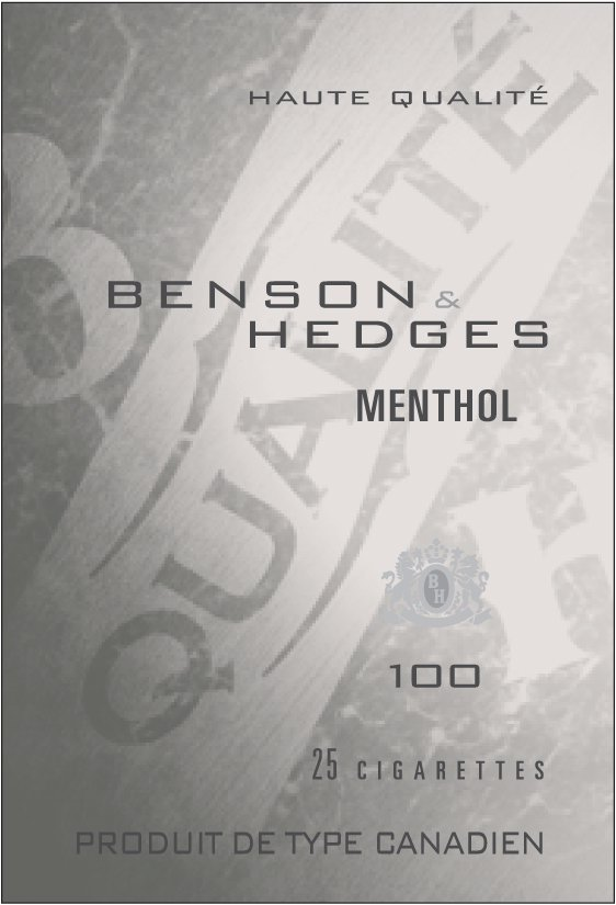 Trademark Logo BENSON &amp; HEDGES MENTHOL 100 HAUTE QUALITÃ BH QUALITÃ BH 25 CIGARETTES PRODUIT DE TYPE CANADIEN