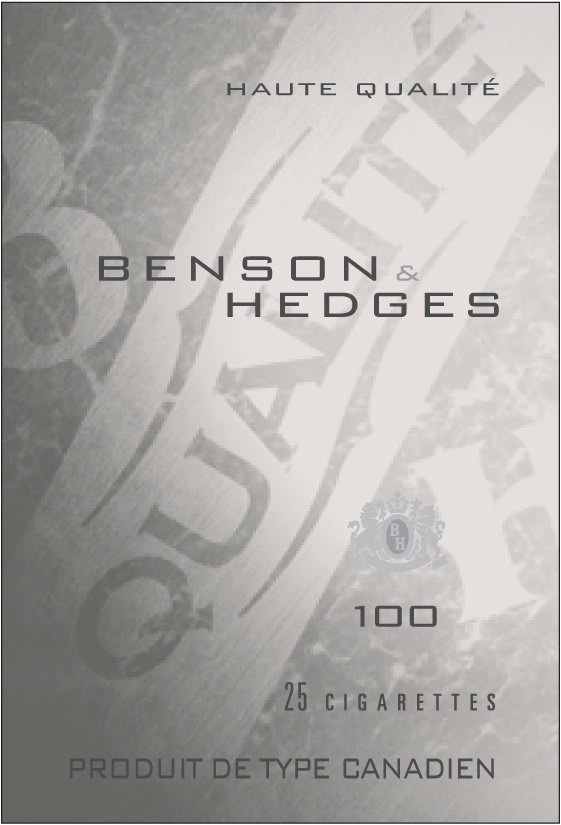 Trademark Logo BENSON &amp; HEDGES 100 HAUTE QUALITÃ BH QUALITÃ BH 25 CIGARETTES PRODUIT DE TYPE CANADIEN