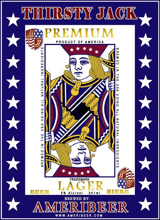 Trademark Logo THIRSTY JACK PREMIUM LAGER BREWED BY AMERIBEER WWW.AMERIBEER.COM BREWED IN THE USA USING ALL NATURAL INGREDIENTS AJ PRODUCT OF A