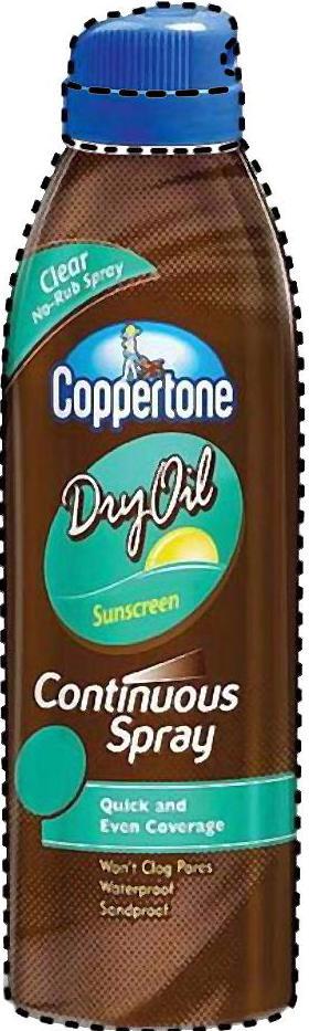 Trademark Logo COPPERTONE DRY OIL SUNSCREEN CONTINUOUS SPRAY CLEAR NO-RUB SPRAY QUICK AND EVEN COVERAGE WON'T CLOG PORES WATERPROOF SANDPROOF
