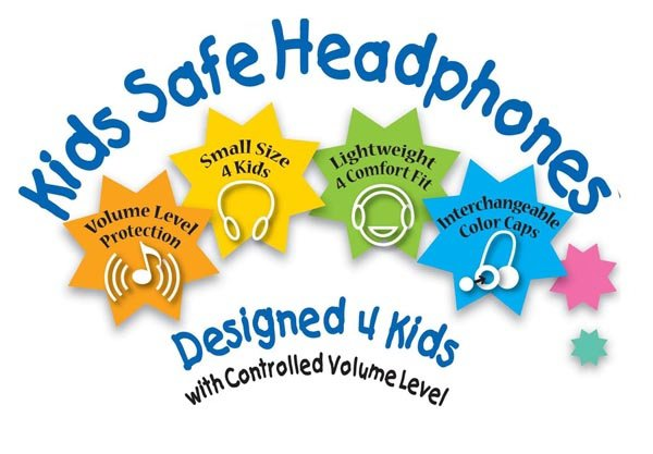 KIDS SAFE HEADPHONES VOLUME LEVEL PROTECTION SMALL SIZE 4 KIDS LIGHTWEIGHT 4 COMFORT INTERCHANGEABLE COLOR CAPS DESIGNED 4 KIDS 