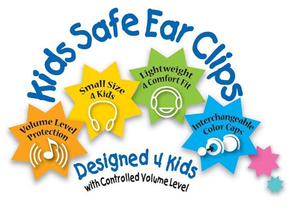  KIDS SAFE EAR CLIPS VOLUME LEVEL PROTECTION SMALL SIZE 4 KIDS LIGHTWEIGHT 4 COMFORT FIT INTERCHANGEABLE COLOR CAPS DESIGNED 4 KI