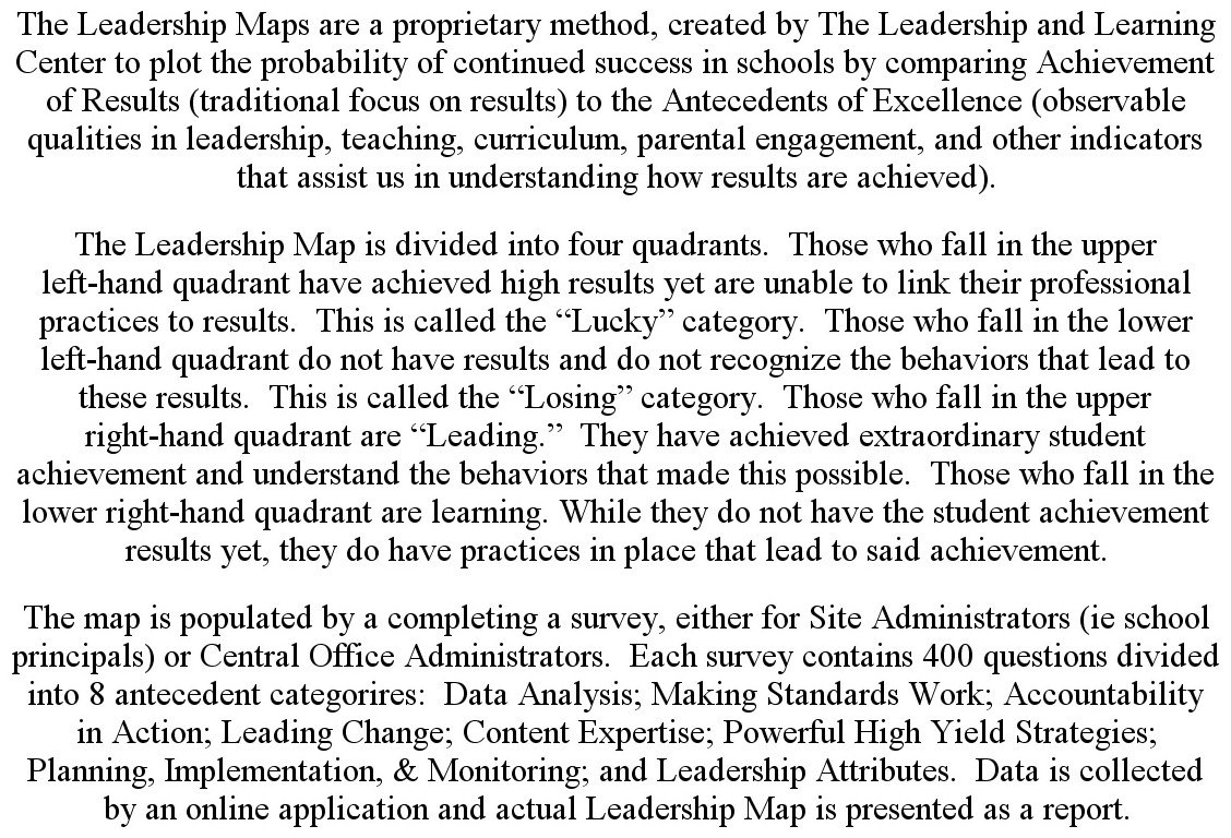  THE LEADERSHIP MAPS ARE A PROPRIETARY METHOD, CREATED BY THE LEADERSHIP AND LEARNING CENTER TO PLOT THE PROBABILITY OF CONTINUED