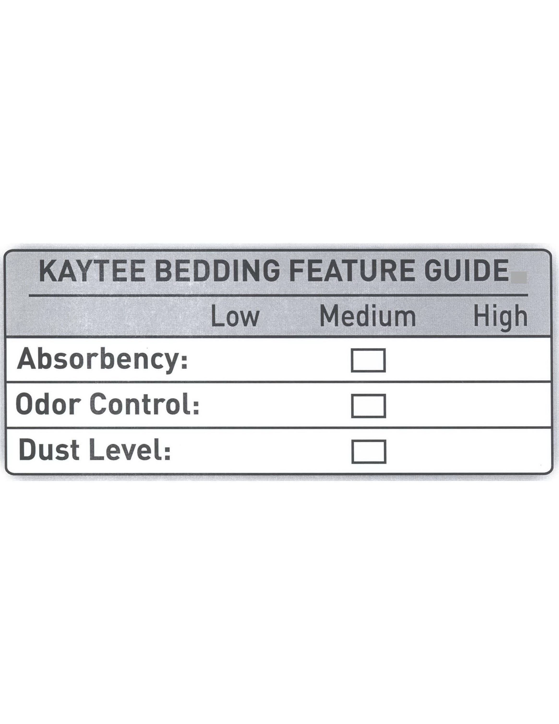 Trademark Logo KAYTEE BEDDING FEATURE GUIDE LOW MEDIUMHIGH ABSORBENCY: ODOR CONTROL: DUST LEVEL