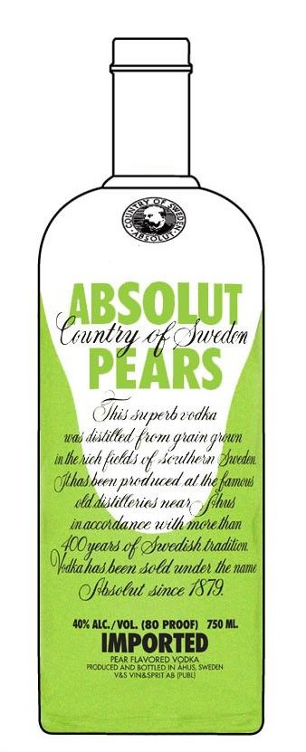  ABSOLUT COUNTRY OF SWEDEN ABSOLUT PEARS COUNTRY OF SWEDEN THIS SUPERB VODKA WAS DISTILLED FROM GRAIN GROWN IN THE RICH FIELDS OF
