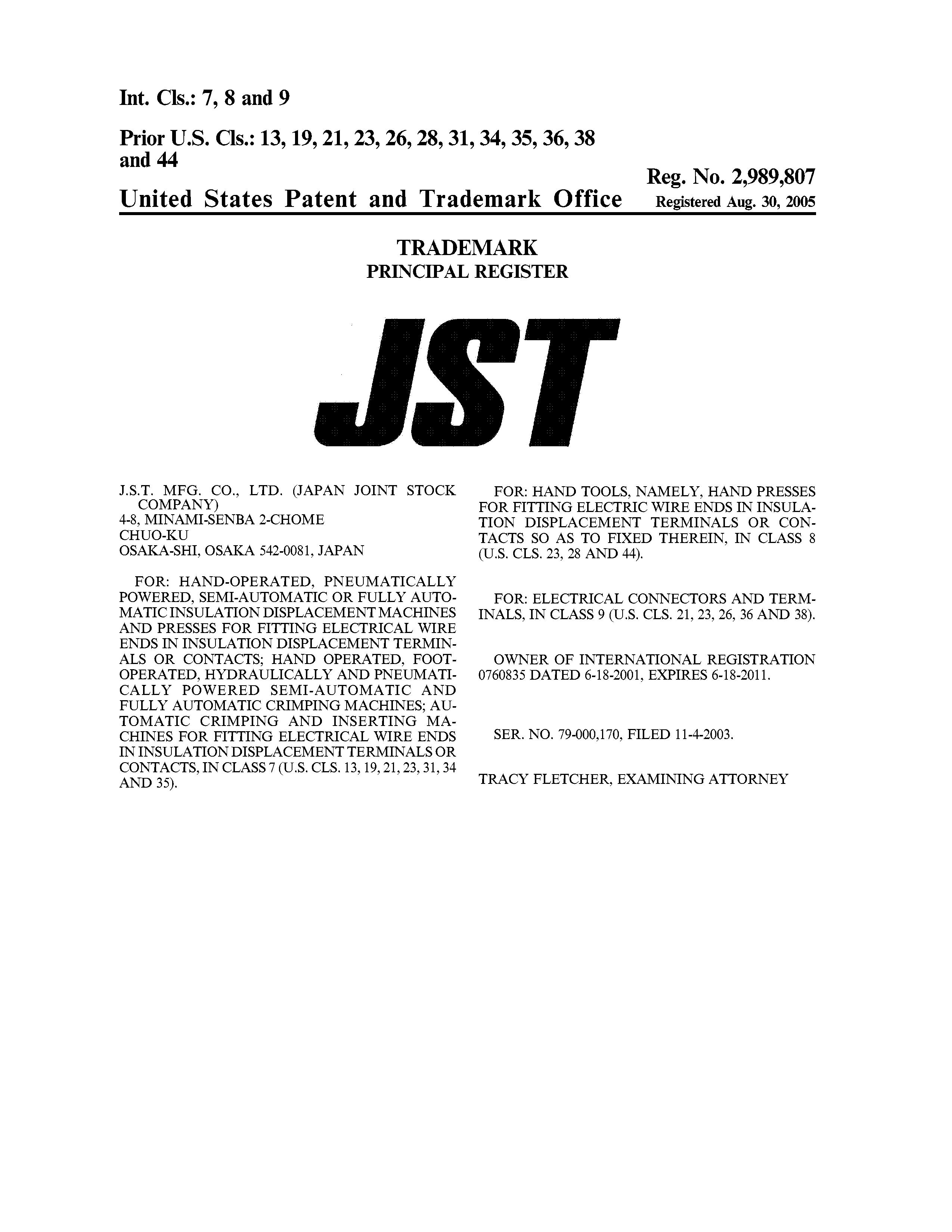 JST - J.s.t. Mfg. Co., Ltd. Trademark Registration