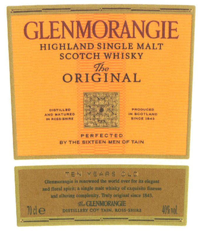  GLENMORANGIE HIGHLAND SINGLE MALT SCOTCH WHISKY THE ORIGINAL DISTILLED AND MATURED IN ROSS-SHIRE", "PRODUCED IN SCOTLAND SINCE 1