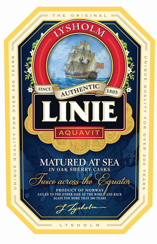  LYSHOLM LINIE AQUAVIT MATURED AT SEA TWICE ACROSS THE EQUATOR THE ORIGINAL UNIQUE QUALITY FOR OVER 200 YEARS LYSHOLM PRODUCT OF 