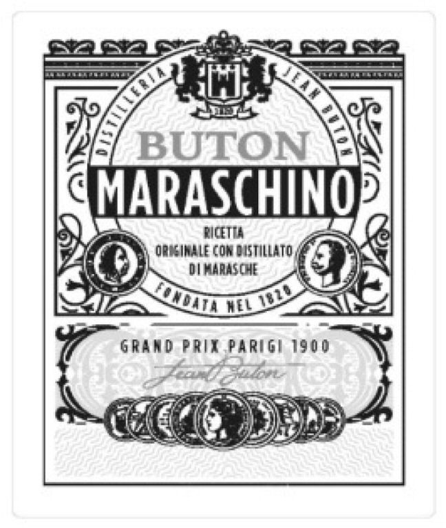 Trademark Logo BUTON MARASCHINO RICETTA ORIGINALE CON DISTILLATO DI MARASCHE FONDATA NEI 1820 GRAND PRIX PARIGI 1900 JEAN BUTON
