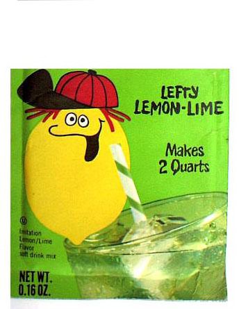 Trademark Logo LEFTY LEMON Â· LIME MAKES 2 QUARTS IMITATION LEMON/LIME FLAVOR SOFT DRINK MIX NET WT. 0.16 OZ.