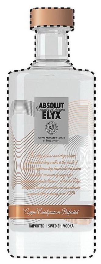 Trademark Logo ABSOLUT COUNTRY OF SWEDEN ELYX ALWAYS PRODUCED & BOTTLED IN AHUS SWEDEN THE SILKY TEXTURE AND ELEGANT TASTE OF THIS OUTSTANDING VODKA IS THE RESULT OF SWEDISH CRAFTSMANSHIP HAND SELECTED GRAINS AND IDEAL AMOUNTS OF COPPER FOR CATALYZATION IN DISTILLATION. ABSOLUT ELYX IS MADE IN LIMITED QUANTITIES IN OUR AUTHENTIC COPPER DISTILLERY DATING FROM 1929. COPPER CATALYZATION PERFECTED IMPORTED SWEDISH VODKA