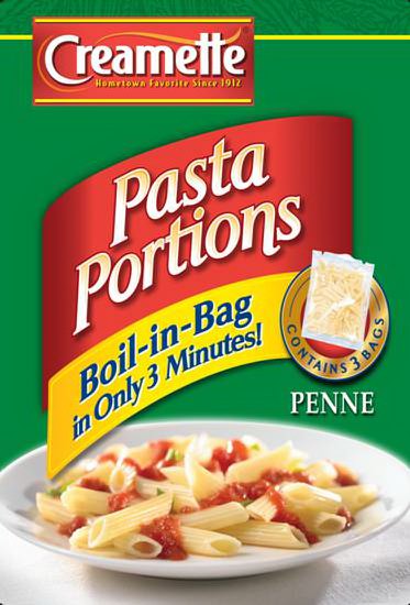 Trademark Logo CREAMETTE HOMETOWN FAVORITE SINCE 1912 PASTA PORTIONS BOIL-IN-BAG IN ONLY 3 MINUTES! CONTAINS 3 BAGS PENNE
