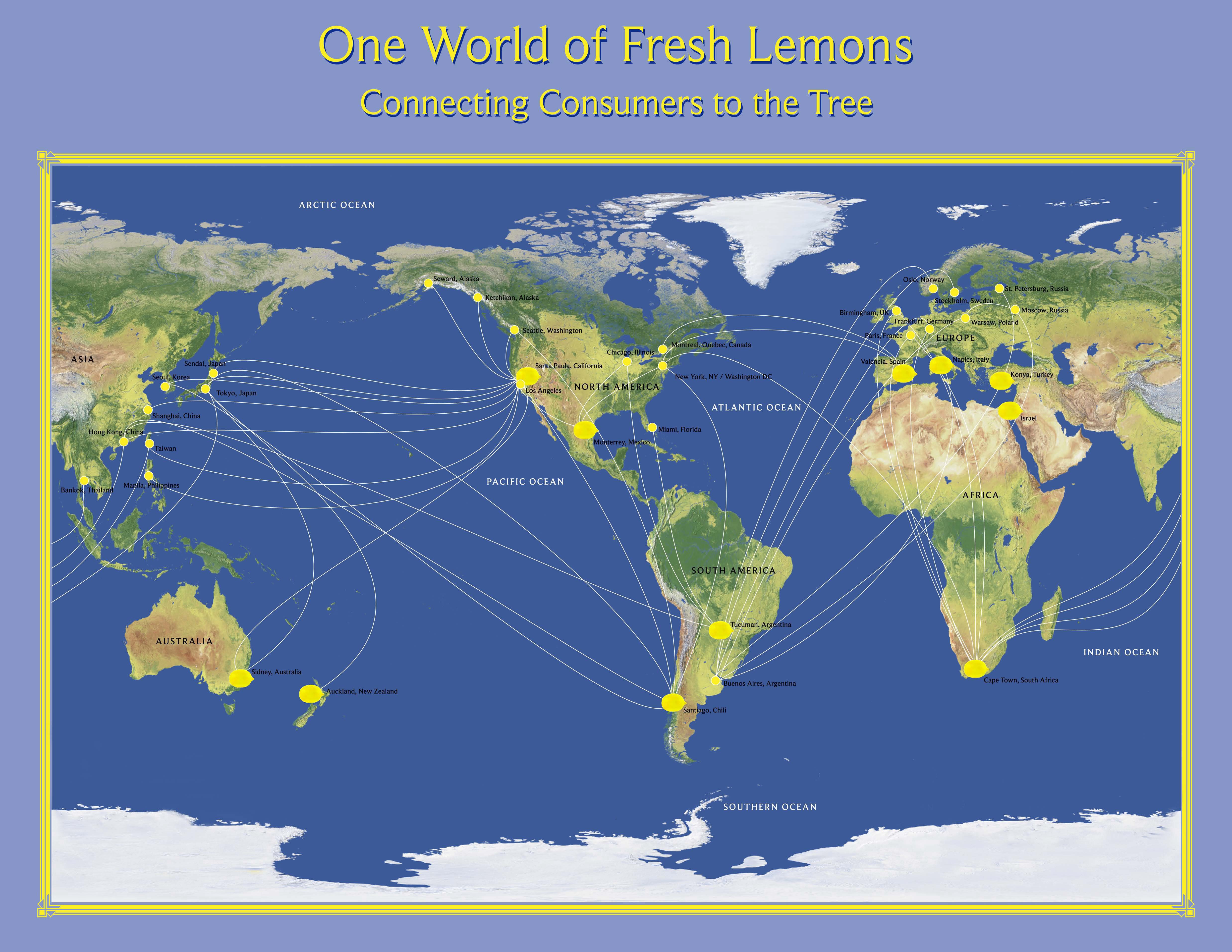  ONE WORLD OF FRESH LEMONS CONNECTING CONSUMERS TO THE TREE" AND "ARCTIC OCEAN, PACIFIC OCEAN, ATLANTIC OCEAN, SOUTHERN OCEAN, IN