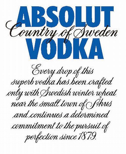  ABSOLUT COUNTRY OF SWEDEN VODKA EVERY DROP OF THIS SUPERB VODKA HAS BEEN CRAFTED ONLY WITH SWEDISH WINTER WHEAT NEAR THE SMALL T