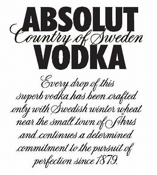 Trademark Logo ABSOLUT COUNTRY OF SWEDEN VODKA EVERY DROP OF THIS SUPERB VODKA HAS BEEN CRAFTED ONLY WITH SWEDISH WINTER WHEAT NEAR THE SMALL T