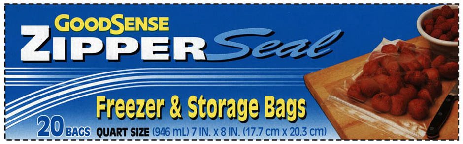 Trademark Logo GOODSENSE ZIPPER SEAL FREEZER &amp; STORAGEBAGS 20 BAGS QUART SIZE (946 ML) 7 IN. X 8 IN. (17.7 CM X 20.3 CM)