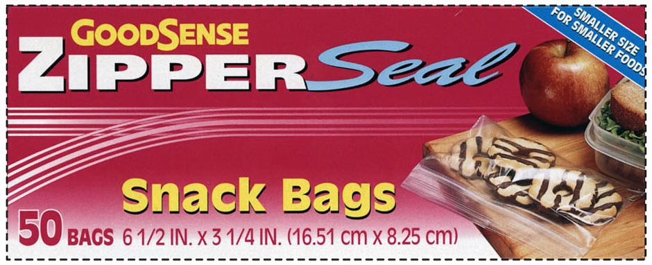 Trademark Logo GOODSENSE ZIPPER SEAL SNACK BAGS 50 BAGS6 1/2 IN. X 3 1/4 IN. (16.51 CM X 8.25 CM) SMALLER SIZE FOR SMALLER FOODS