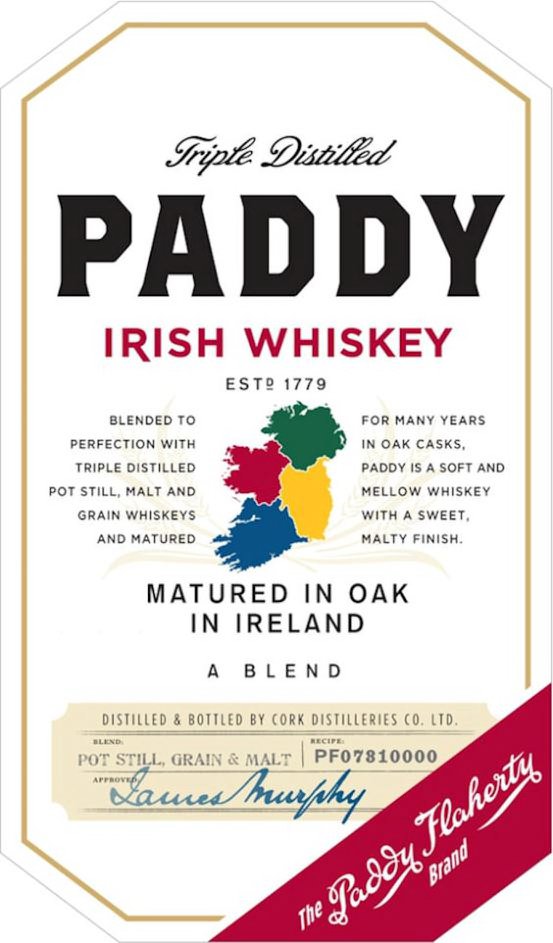  TRIPLE DISTILLED PADDY IRISH WHISKEY ESTD 1779 BLENDED TO PERFECTION WITH TRIPLE DISTILLED POT STILL, MALT AND GRAIN WHISKEYS AN