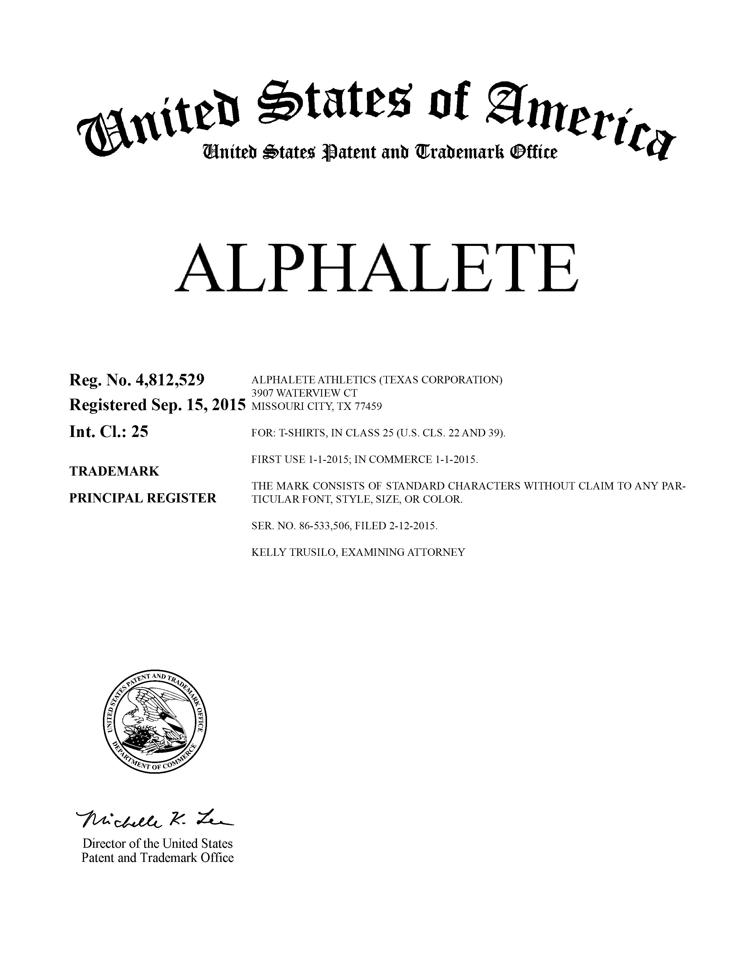 ALPHALETE ATHLETICS Trademark of Lexis IP, LLC - Registration