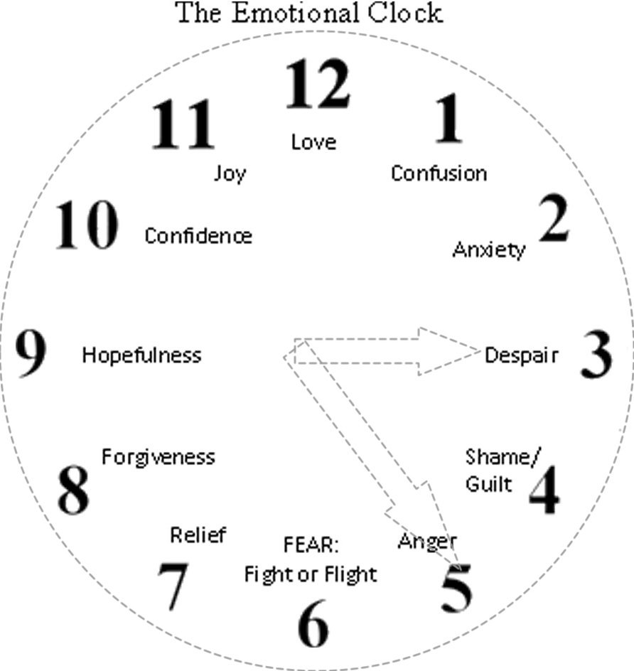  THE EMOTIONAL CLOCK 1 CONFUSION 2 ANXIETY 3 DESPAIR 4 SHAME/GUILT 5 ANGER 6 FEAR FIGHT OR FLIGHT 7 RELIEF 8 FORGIVENESS 9 HOPEFU