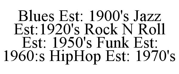 Trademark Logo BLUES EST: 1900'S JAZZ EST:1920'S ROCK N ROLL EST: 1950'S FUNK EST: 1960:S HIPHOP EST: 1970'S