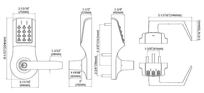  2-15/16" (75MM), 1-3/32" (28MM), 8-1/32" (204MM), 1-1/2" (37MM), 1-11/16" (42MM), 3" (76MM), 2-3/4" (70MM), 2-9/16" (65MM), 1-5/