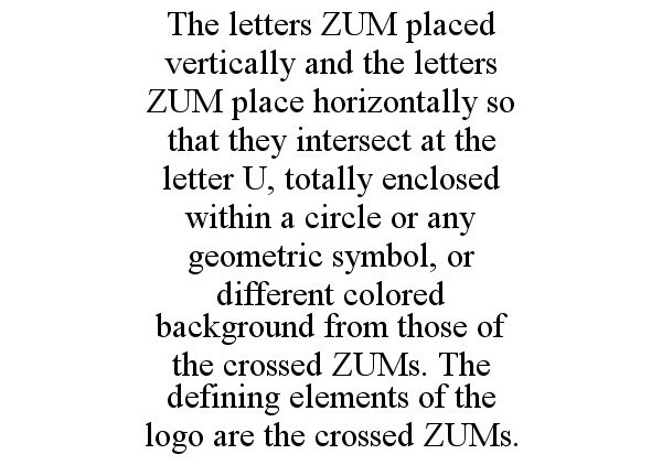 Trademark Logo THE LETTERS ZUM PLACED VERTICALLY AND THE LETTERS ZUM PLACE HORIZONTALLY SO THAT THEY INTERSECT AT THE LETTER U, TOTALLY ENCLOSE