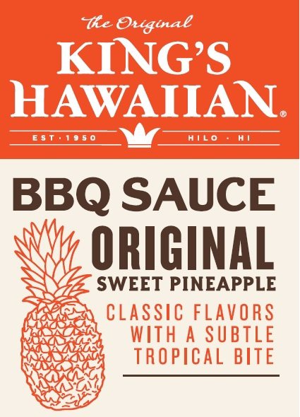  THE ORIGINAL KING'S HAWAIIAN EST 1950 HILO HI BBQ SAUCE ORIGINAL SWEET PINEAPPLE CLASSIC FLAVORS WITH A SUBTLE TROPICAL BITE