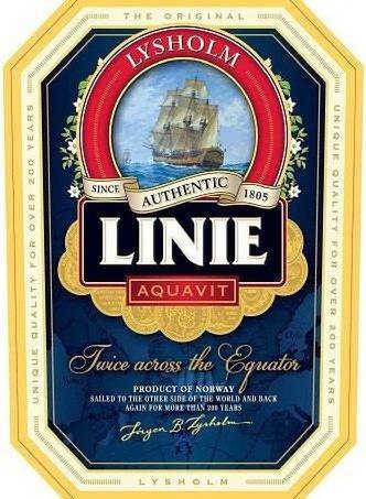  LYSHOLM LINIE AQUAVIT TWICE ACROSS THE EQUATOR THE ORIGINAL UNIQUE QUALITY FOR OVER 200 YEARS LYSHOLM PRODUCT OF NORWAY SAILED T