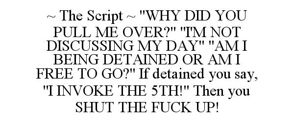 Trademark Logo ~ THE SCRIPT ~ "WHY DID YOU PULL ME OVER?" "I'M NOT DISCUSSING MY DAY" "AM I BEING DETAINED OR AM I FREE TO GO?" IF DETAINED YOU SAY, "I INVOKE THE 5TH!" THEN YOU SHUT THE FUCK UP!