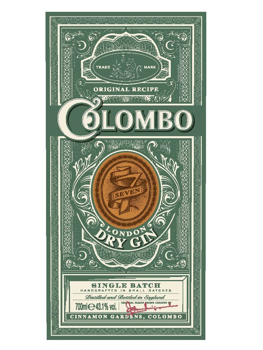  TRADE MARK ORIGINAL RECIPE COLOMBO 7 SEVEN LONDON DRY GIN SINGLE BATCH HANDCRAFTED IN SMALL BATCHES DISTILLED AND BOTTLED IN ENG