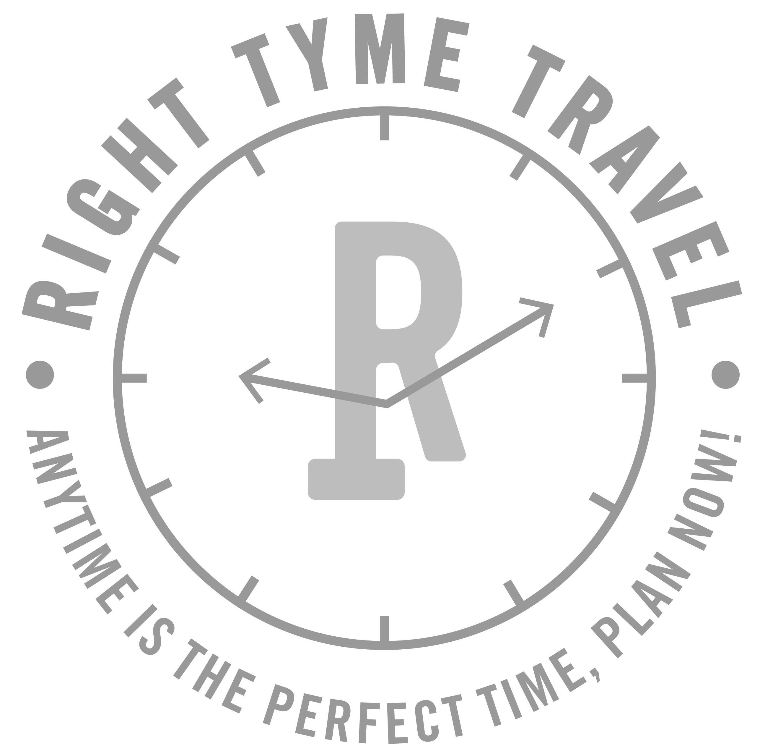 Trademark Logo RT RIGHT TYME TRAVEL ANYTIME IS THE PERFECT TIME, PLAN NOW!