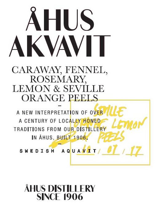 ÅHUS AKVAVIT CARAWAY, FENNEL, ROSEMARY, LEMON &amp; SEVILLE ORANGE PEELS - A NEW INTERPRETATION OF OVER A CENTURY OF LOCALLY HONED TRADITIONS FROM OUR DISTILLERY IN ÅHUS, BUILT IN 1906. SWEDISH AQUVIT ÅHUS DISTILLERY SINCE 1906 SEVILLE ORANGE LEMON PEELS 1