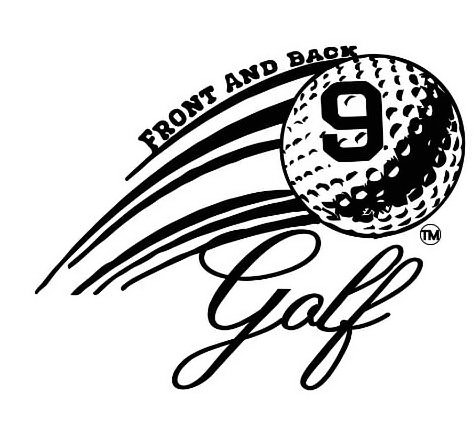  THE GOLF BALL HAS THE NUMBER 9 TO THE LEFT OF THE SHADOWING. THE WORDS FRONT AND BACK ARE IN ALL CAPS JUST ABOVE THE TOP FLOWING LINE. THE WORD GOLF IS CENTERED JUST BELOW THE GOLF BALL AND FLOW LINES.