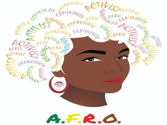  THE ACRONYM A.F.R.O. MEANS ACTIVISTS FEMININITY RIVALING OPPRESSION WHICH IS REPRESENTED AS WORDS IN HER HAIR