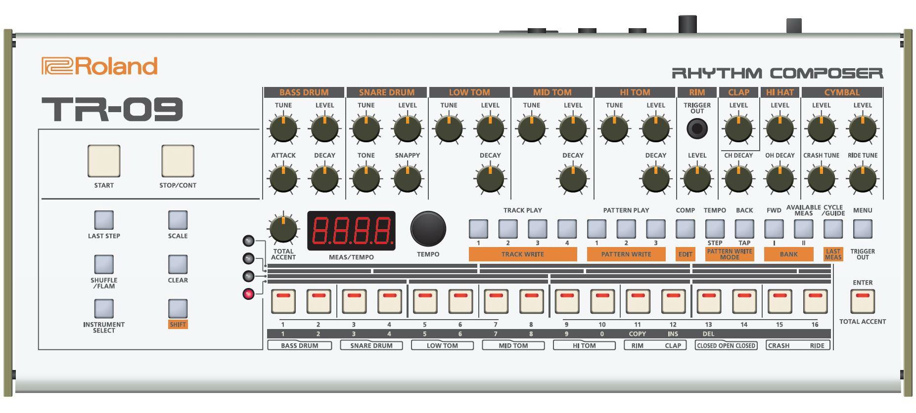  R ROLAND RHYTHM COMPOSER TR-09 START STOP/CONT LAST STEP SCALE SHUFFLE/FLAM CLEAR INSTRUMENT SELECT SHIFT BASS DRUM TUNE LEVEL A