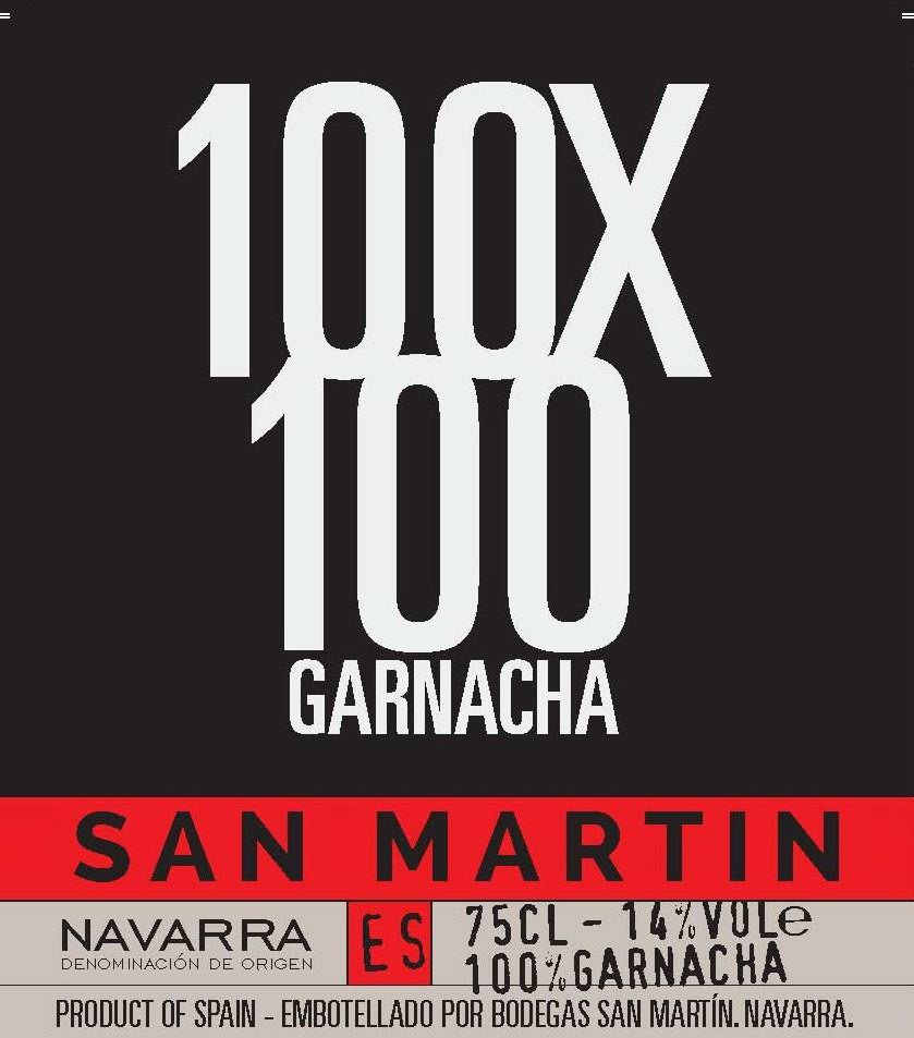  100X100 SAN MARTÍN, GARNACHA - NAVARRA DENOMINACIÓN DE ORIGEN, ES, 75 CL 14% VOL. 100% GARNACHA, PRODUCT OF SPAIN - EMBOTELLADO POR BODEGAS SAN MARTÍN. NAVARRA